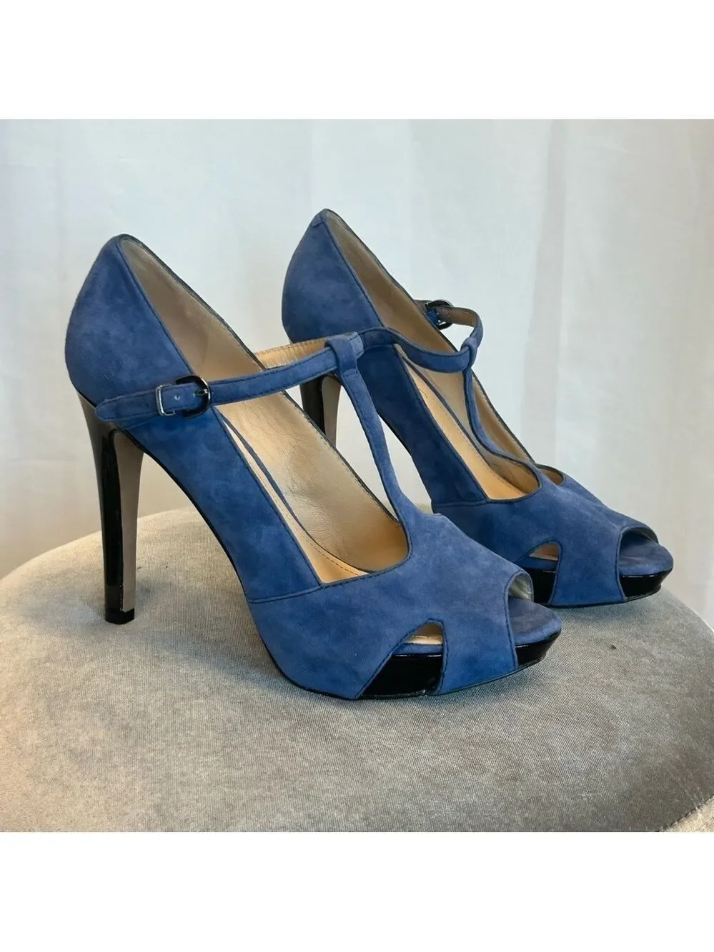 Kenneth Cole blue suede leather T-bar strap Au Cafe Platform high heels Sz 9
